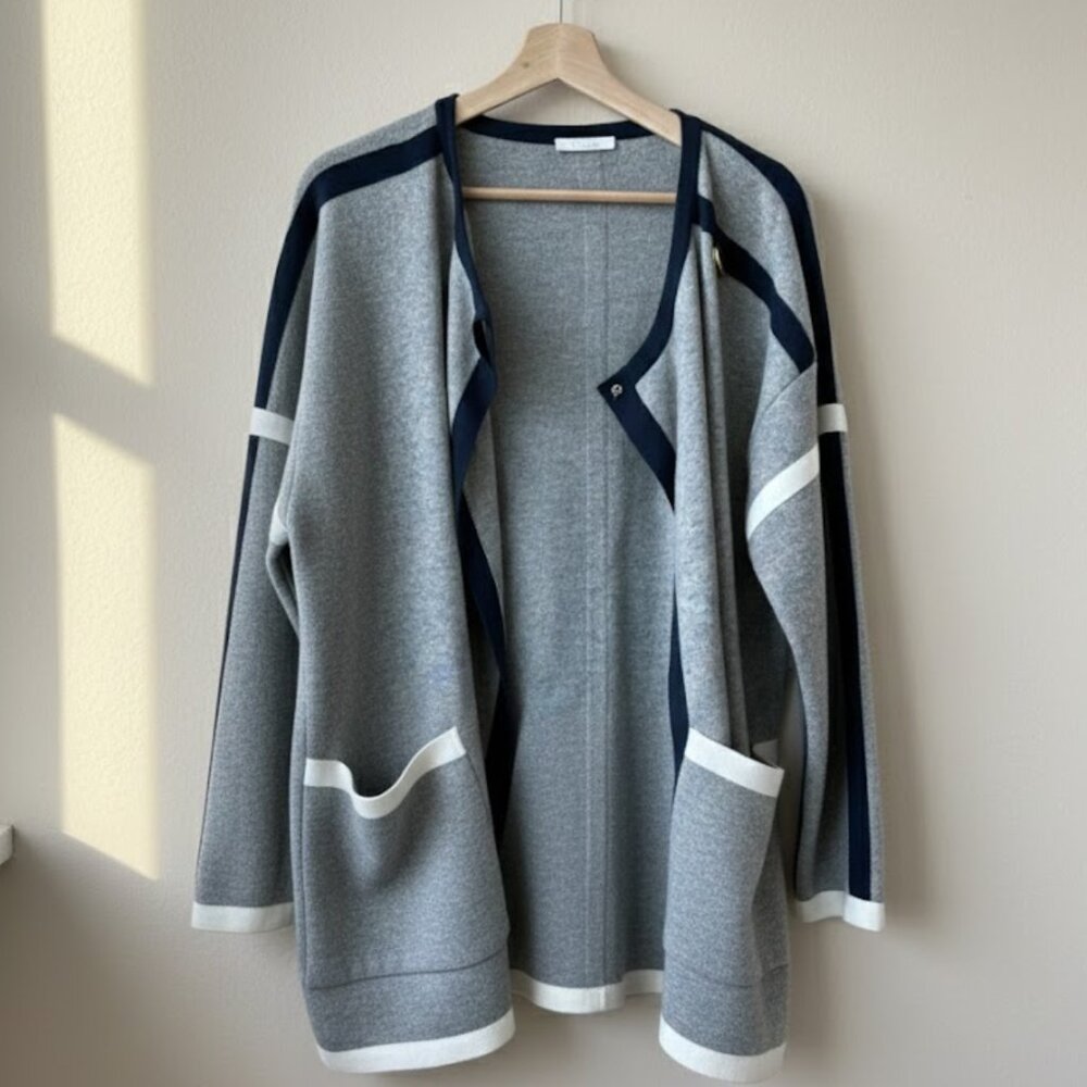 Authentic Chloé Long Knit Cardigan Gray Navy Trim — Fits Women XS/S Quiet Luxury